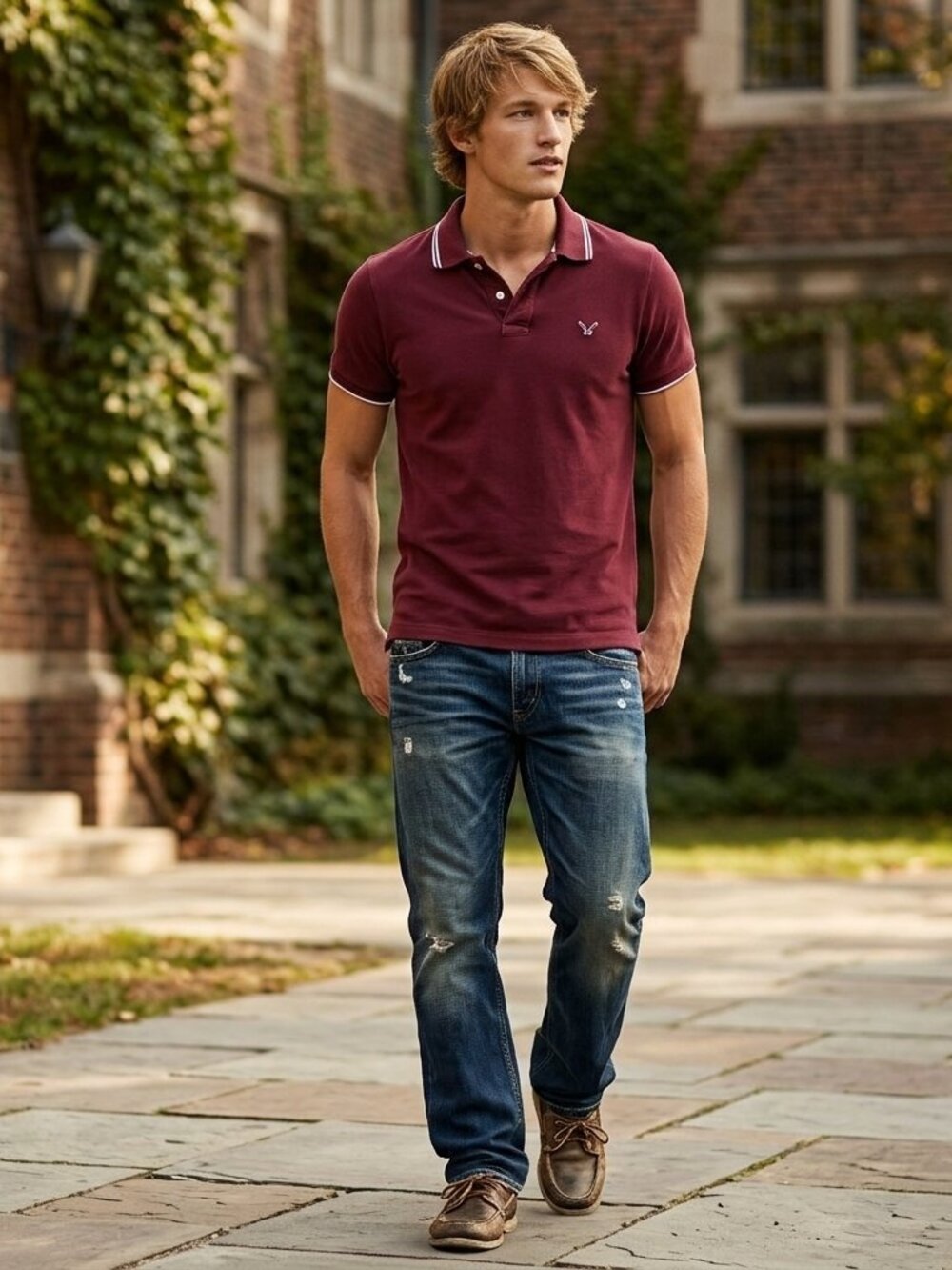American Eagle Men Medium Tall Polo Maroon Cotton Tipped Shirt Essential Prep